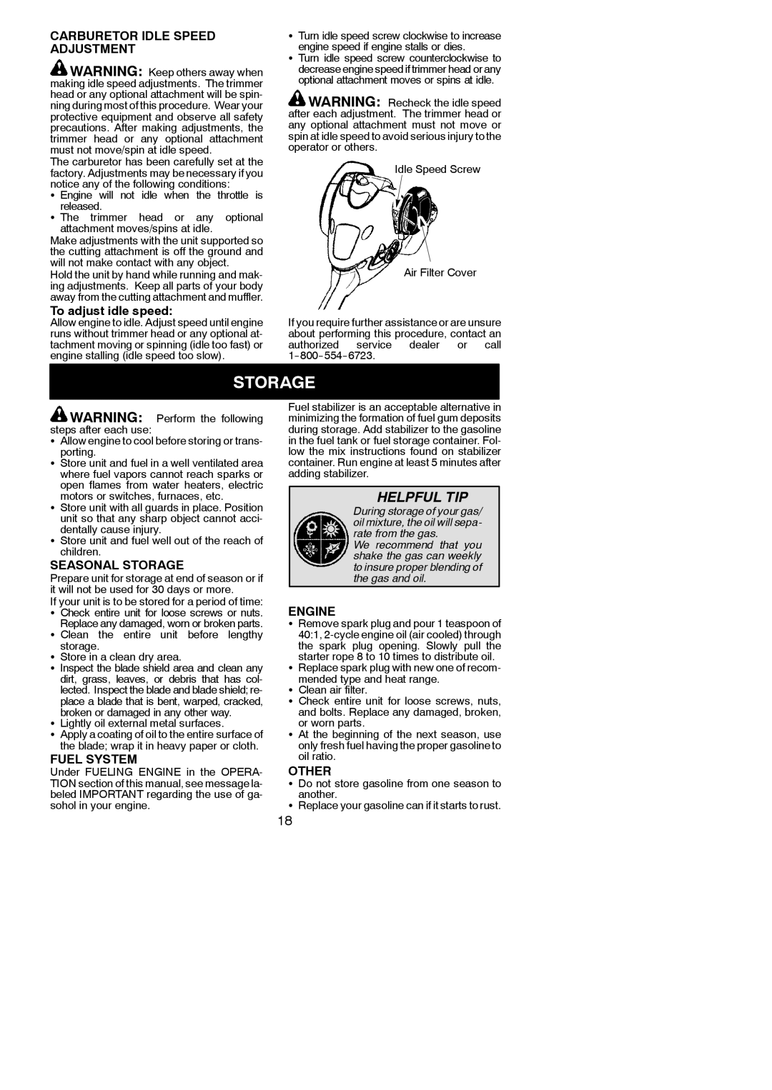 Poulan 545186849, PP25E instruction manual Carburetor Idle Speed Adjustment, Seasonal Storage, Fuel System, Engine, Other 