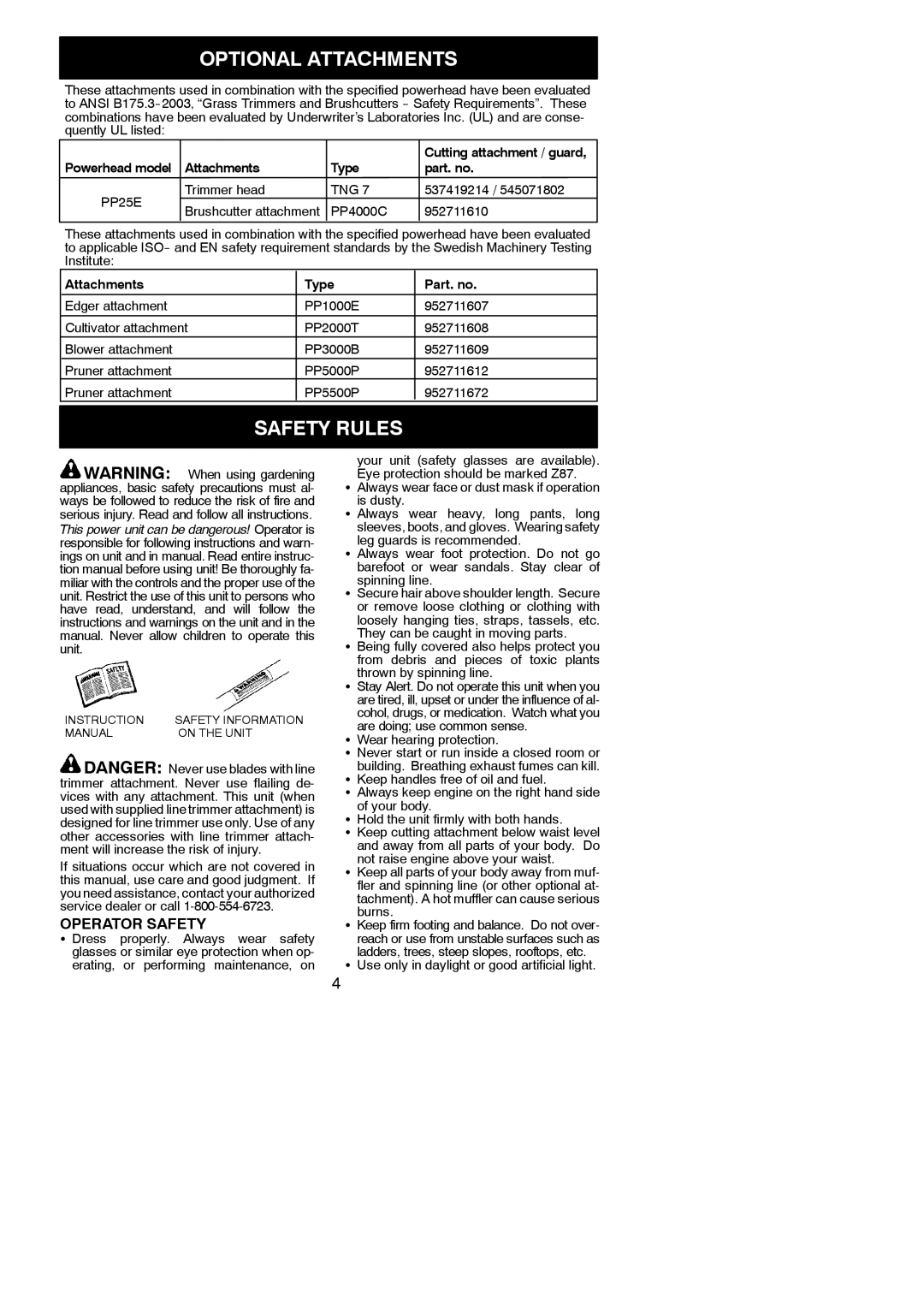 Poulan 545186849, PP25E instruction manual Optional Attachments, Safety Rules, Operator Safety 