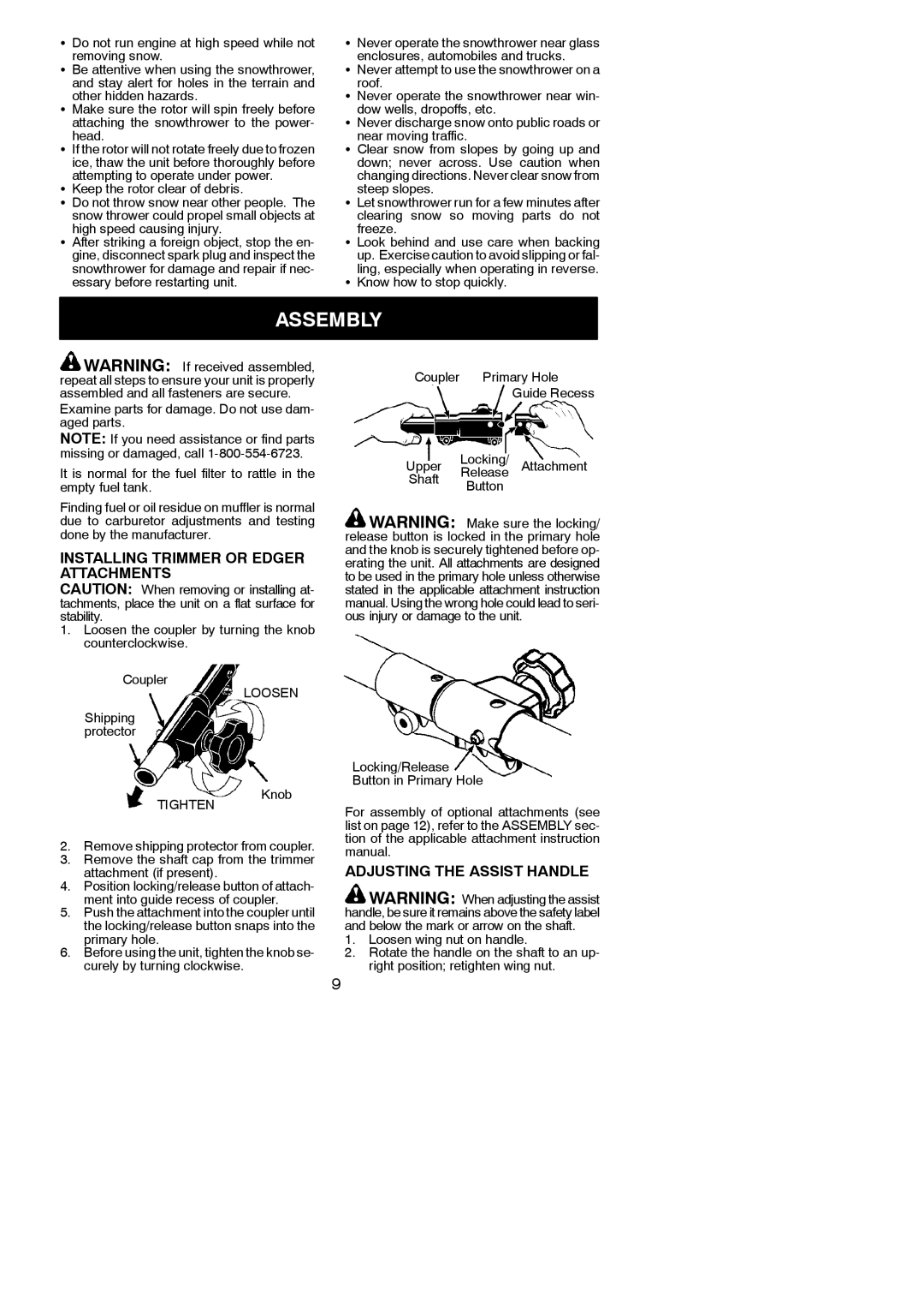 Poulan PP25E, 545186849 instruction manual Assembly, Installing Trimmer or Edger Attachments, Adjusting the Assist Handle 