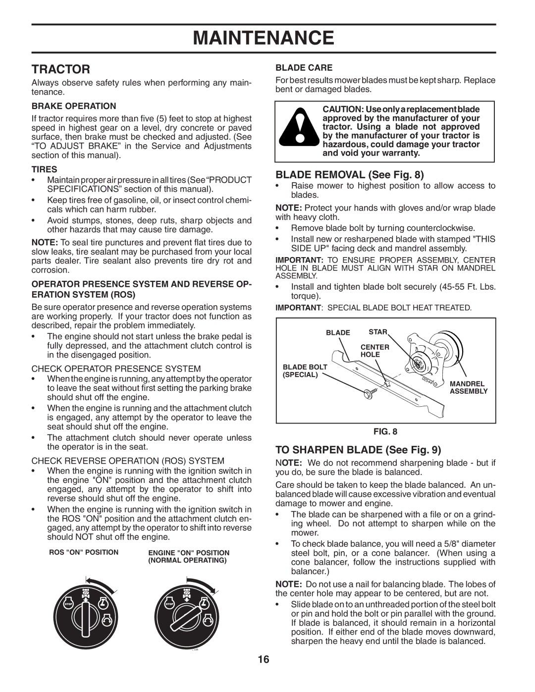 Poulan 60614 manual Tractor, Blade Removal See Fig, To Sharpen Blade See Fig 