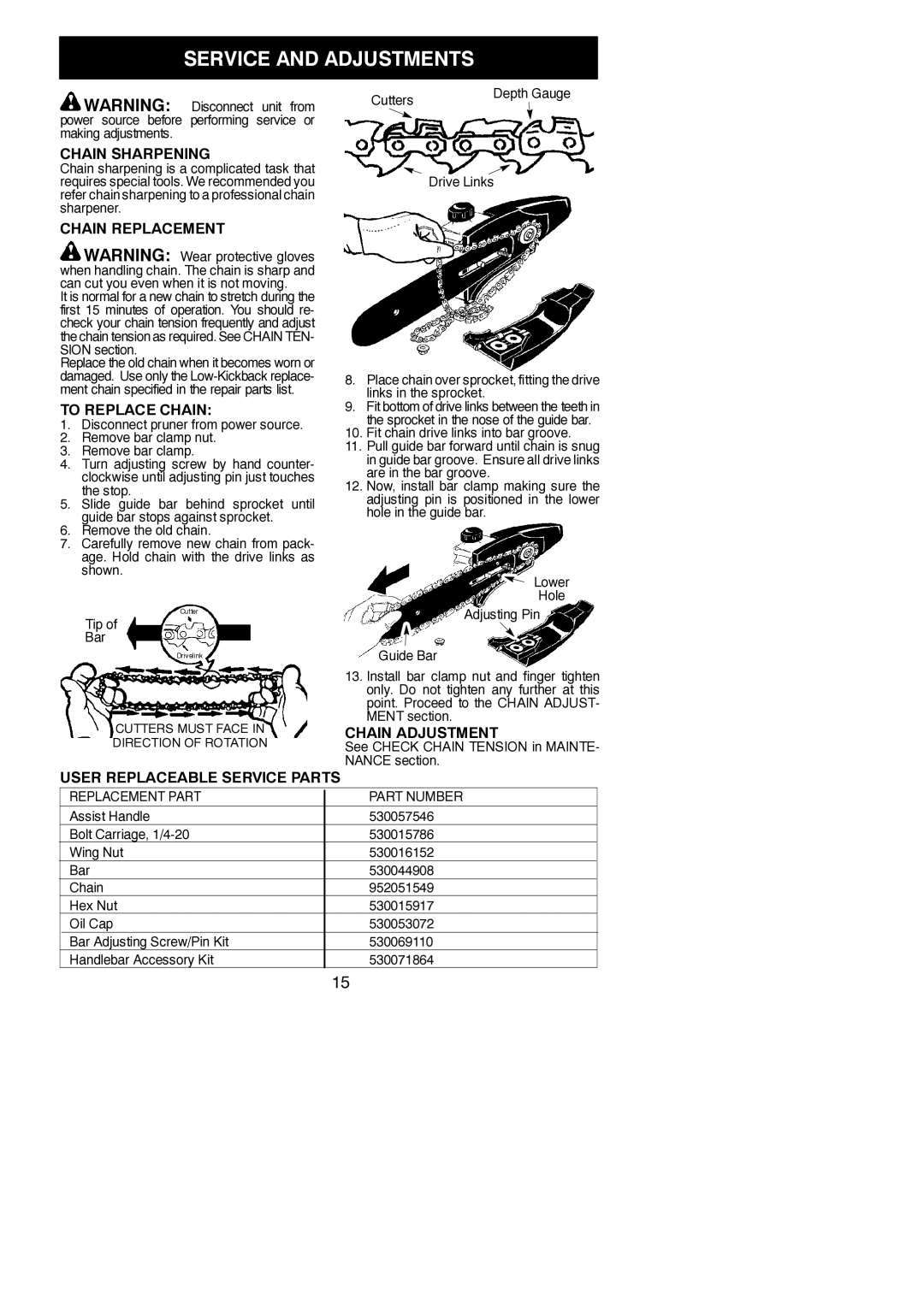 Poulan 810 EP instruction manual Service and Adjustments 