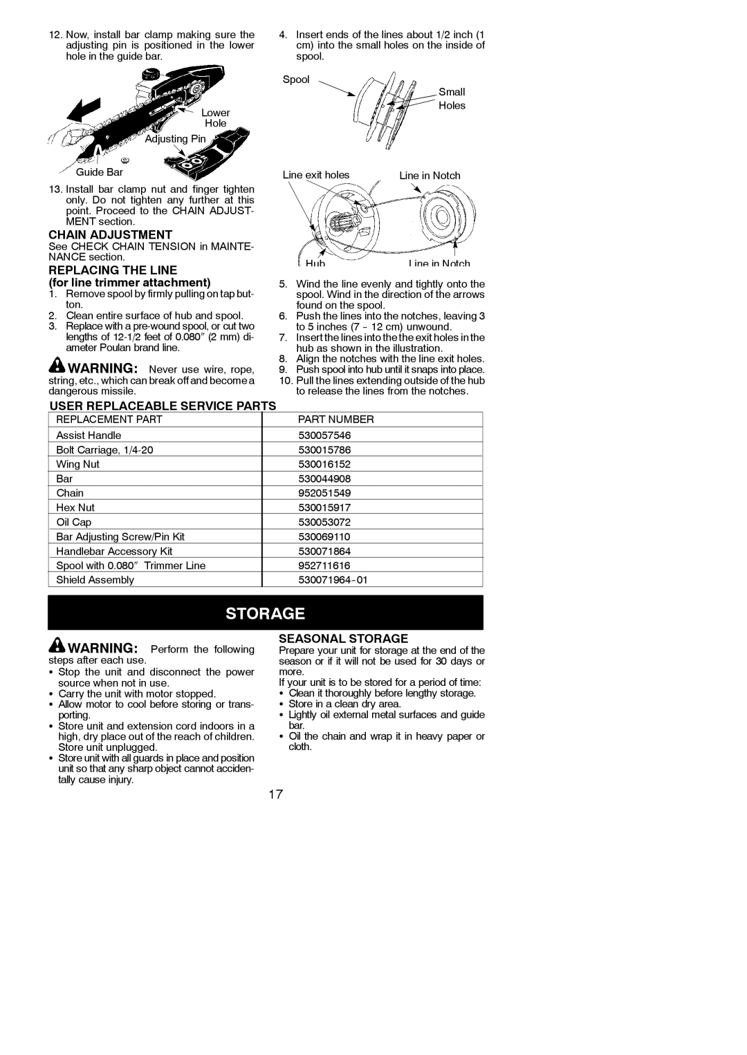 Poulan 810 EPT instruction manual Chain Adjustment, Replacing the Line, User Replaceable Service Parts, Seasonal Storage 