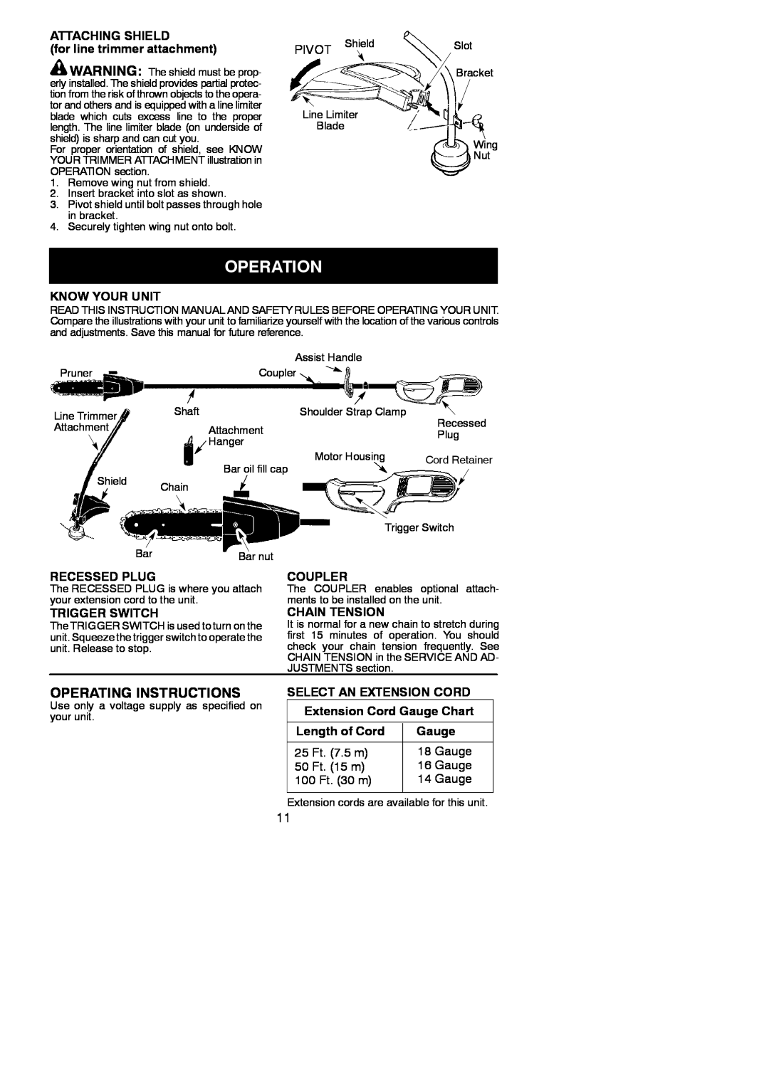 Poulan 810 EPT Operation, Operating Instructions, ATTACHING SHIELD for line trimmer attachment, PIVOT Shield, Coupler 