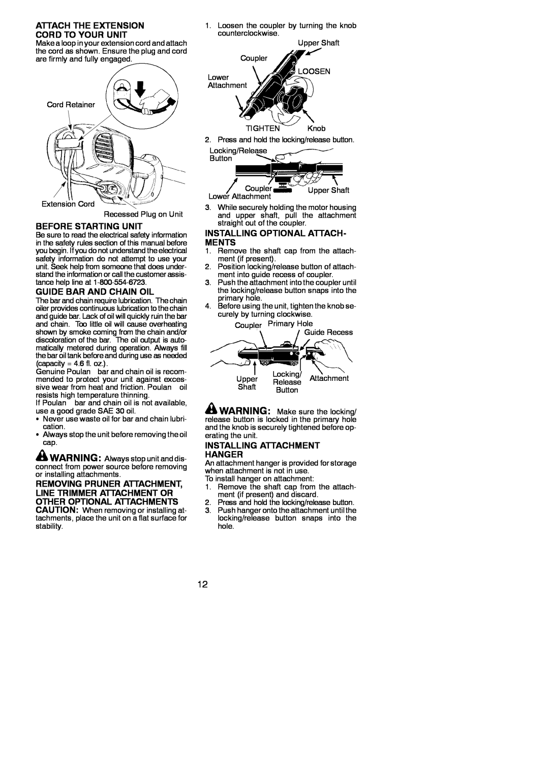 Poulan 810 EPT instruction manual Attach The Extension Cord To Your Unit, Before Starting Unit, Guide Bar And Chain Oil 