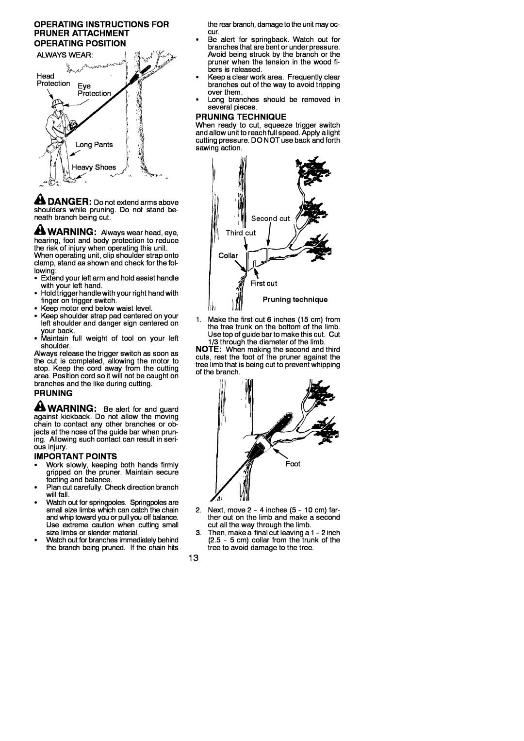 Poulan 810 EPT Operating Instructions For Pruner Attachment, Operating Position, Pruning, Important Points 