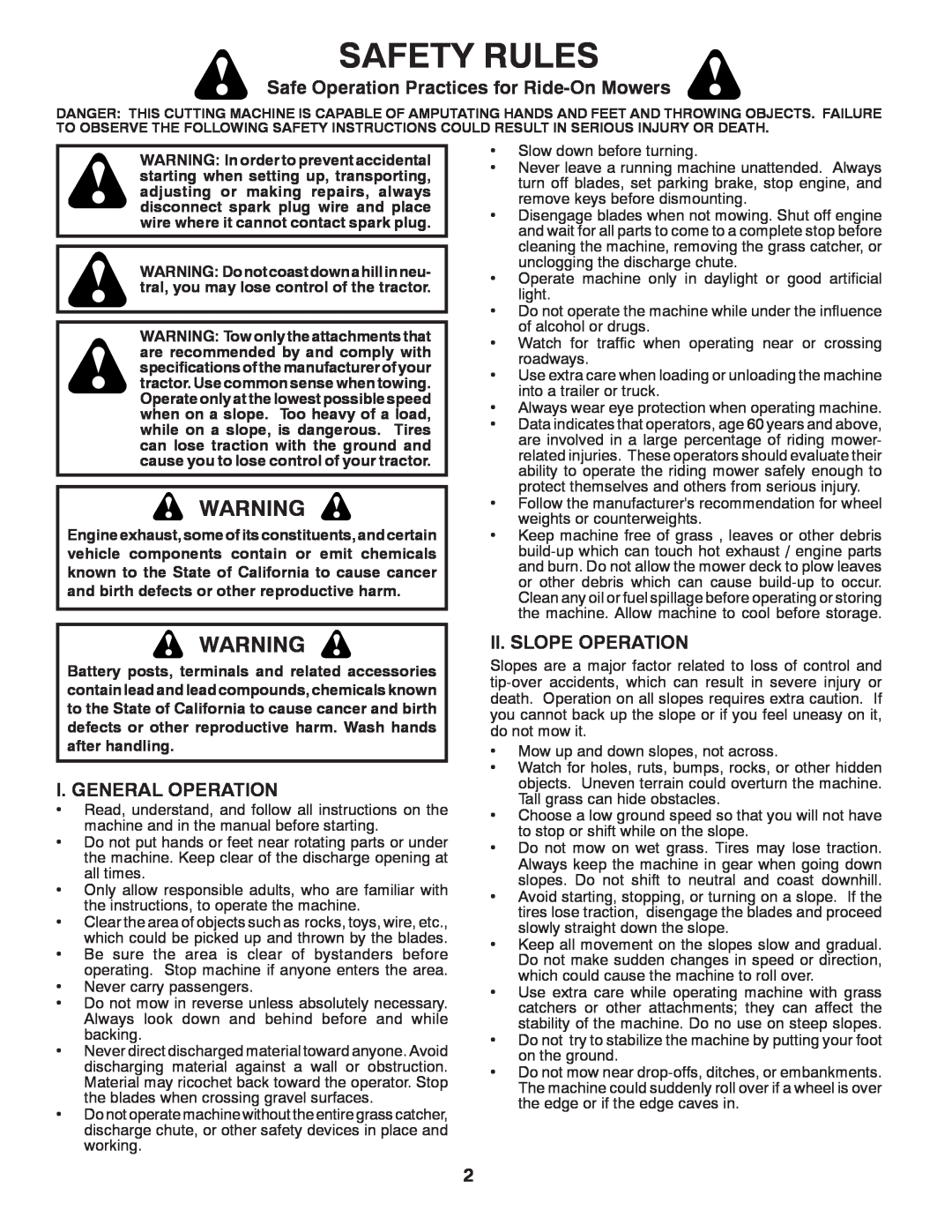 Poulan 85-50 manual Safety Rules, Safe Operation Practices for Ride-On Mowers, I. General Operation, Ii. Slope Operation 
