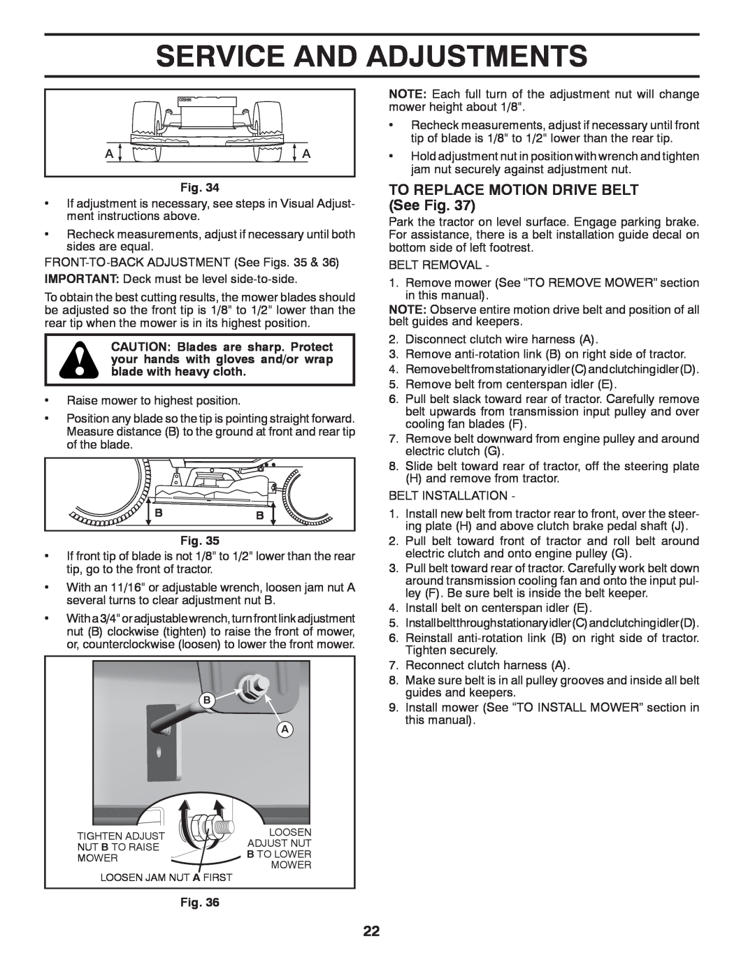 Poulan 85-50, 96042012600 manual TO REPLACE MOTION DRIVE BELT See Fig, Service And Adjustments 