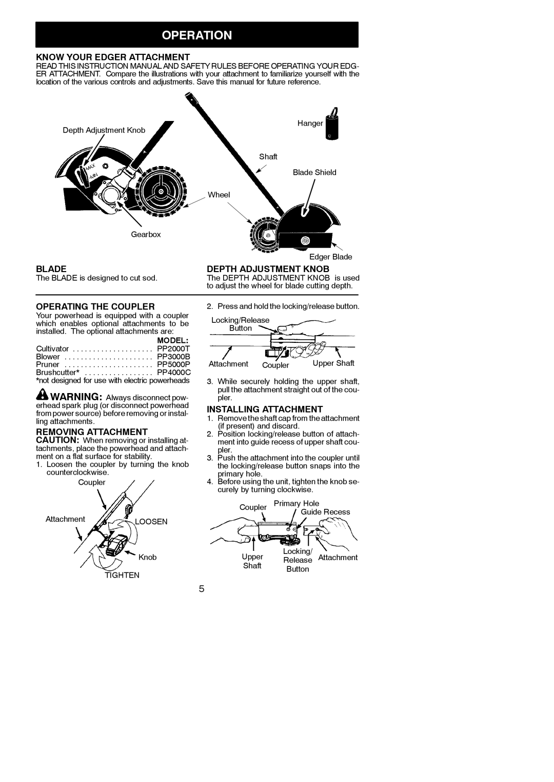 Poulan 545167664, 952711607 Operation, Know Your Edger Attachment, Blade Depth Adjustment Knob, Operating the Coupler 