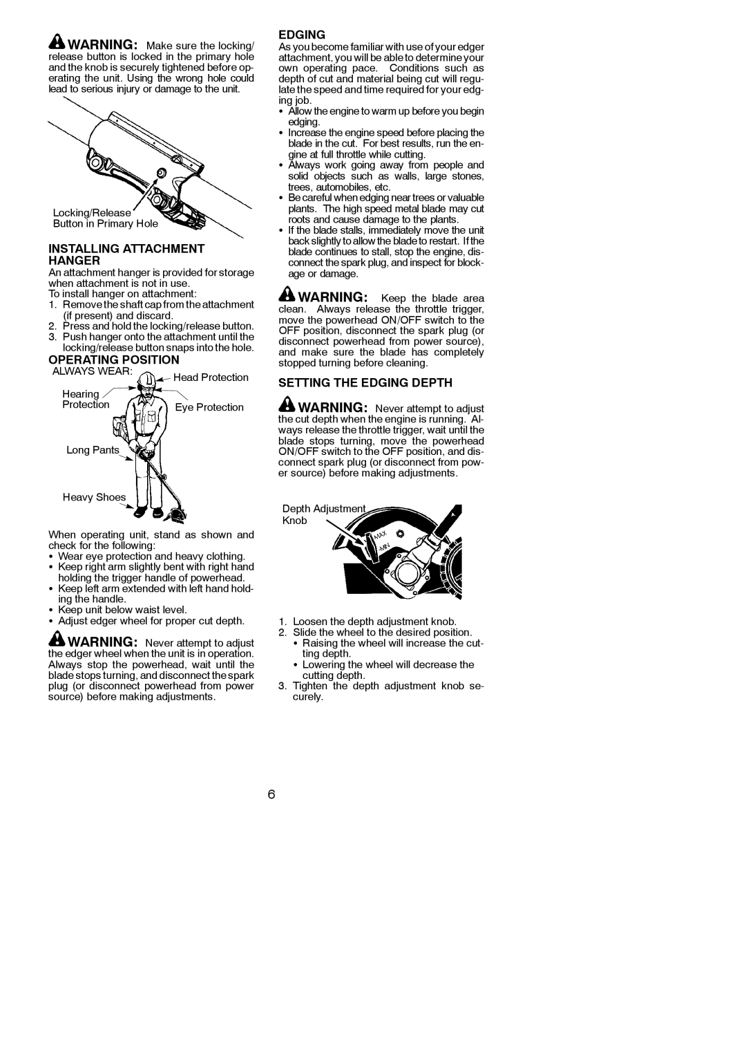 Poulan 952711607, 545167664 Installing Attachment Hanger, Operating Position, Setting the Edging Depth 