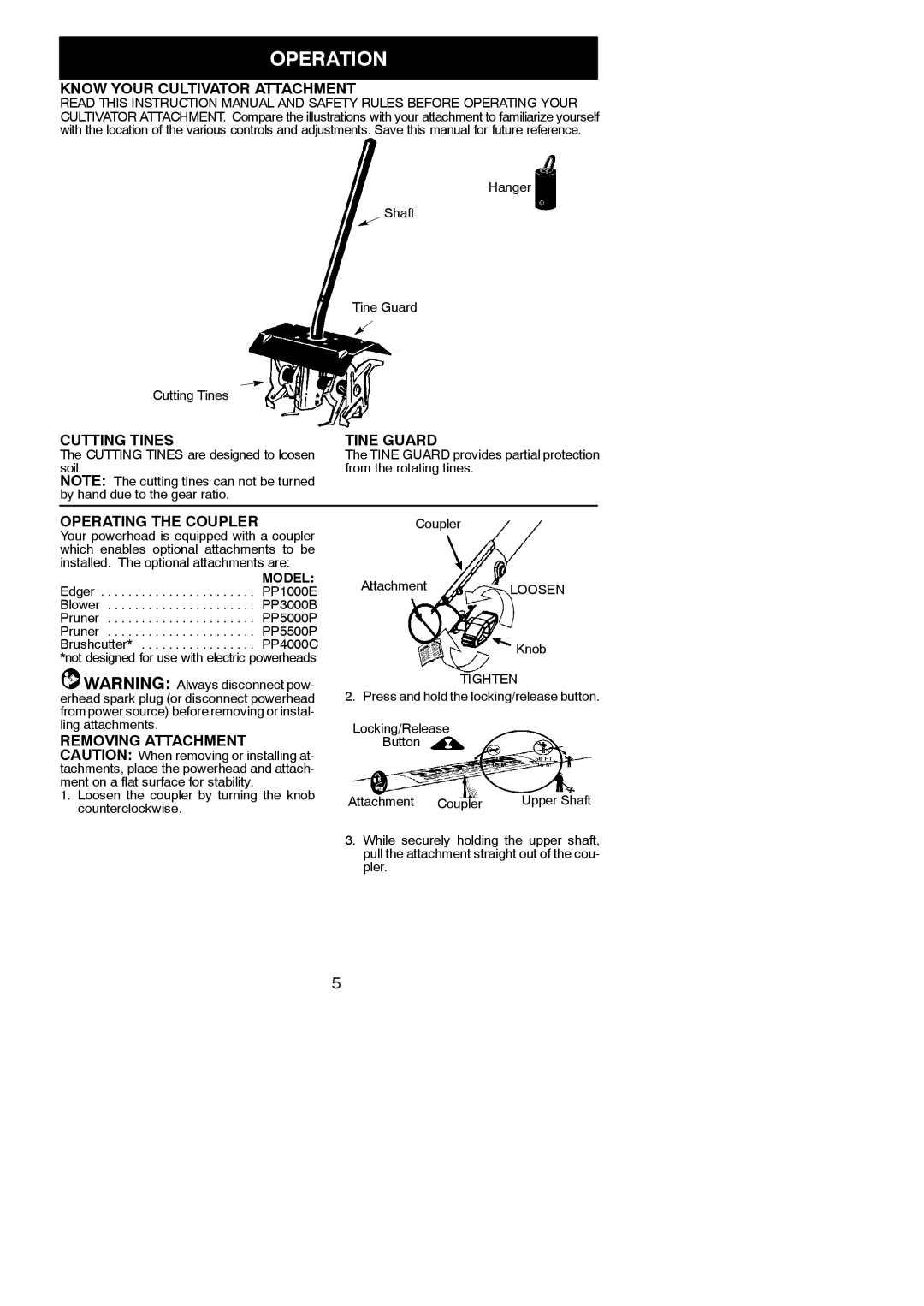 Poulan 545212825, 952711608 Operation, Know Your Cultivator Attachment, Cutting Tines, Tine Guard, Operating the Coupler 