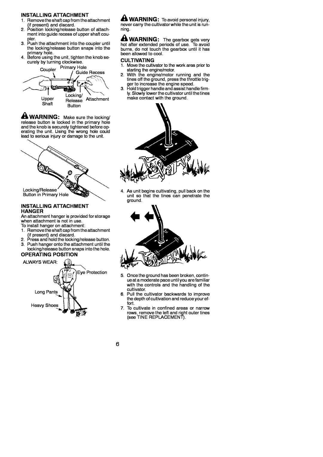 Poulan 952711608, 545212825 instruction manual Installing Attachment Hanger, Operating Position, Cultivating 