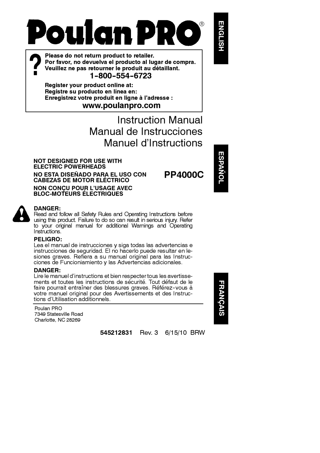 Poulan 545212831, 952711610 instruction manual Manual de Instrucciones Manuel d’Instructions 