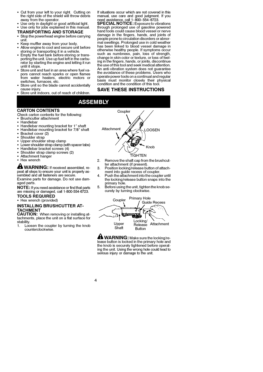 Poulan 952711610 Assembly, Transporting and Storage, Carton Contents, Tools Required, Installing Brushcutter AT- Tachment 