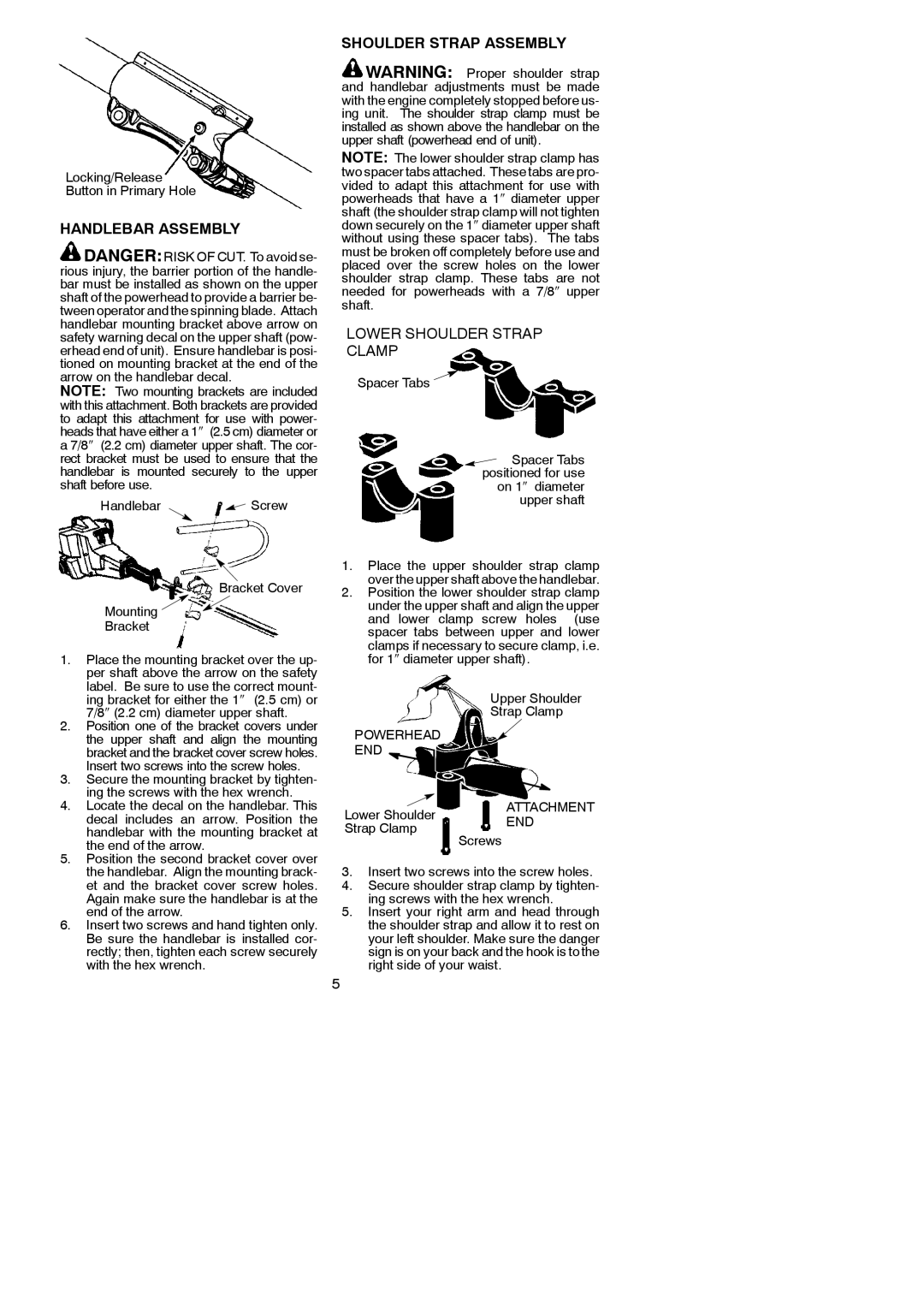 Poulan 545212831, 952711610 instruction manual Handlebar Assembly, Shoulder Strap Assembly 