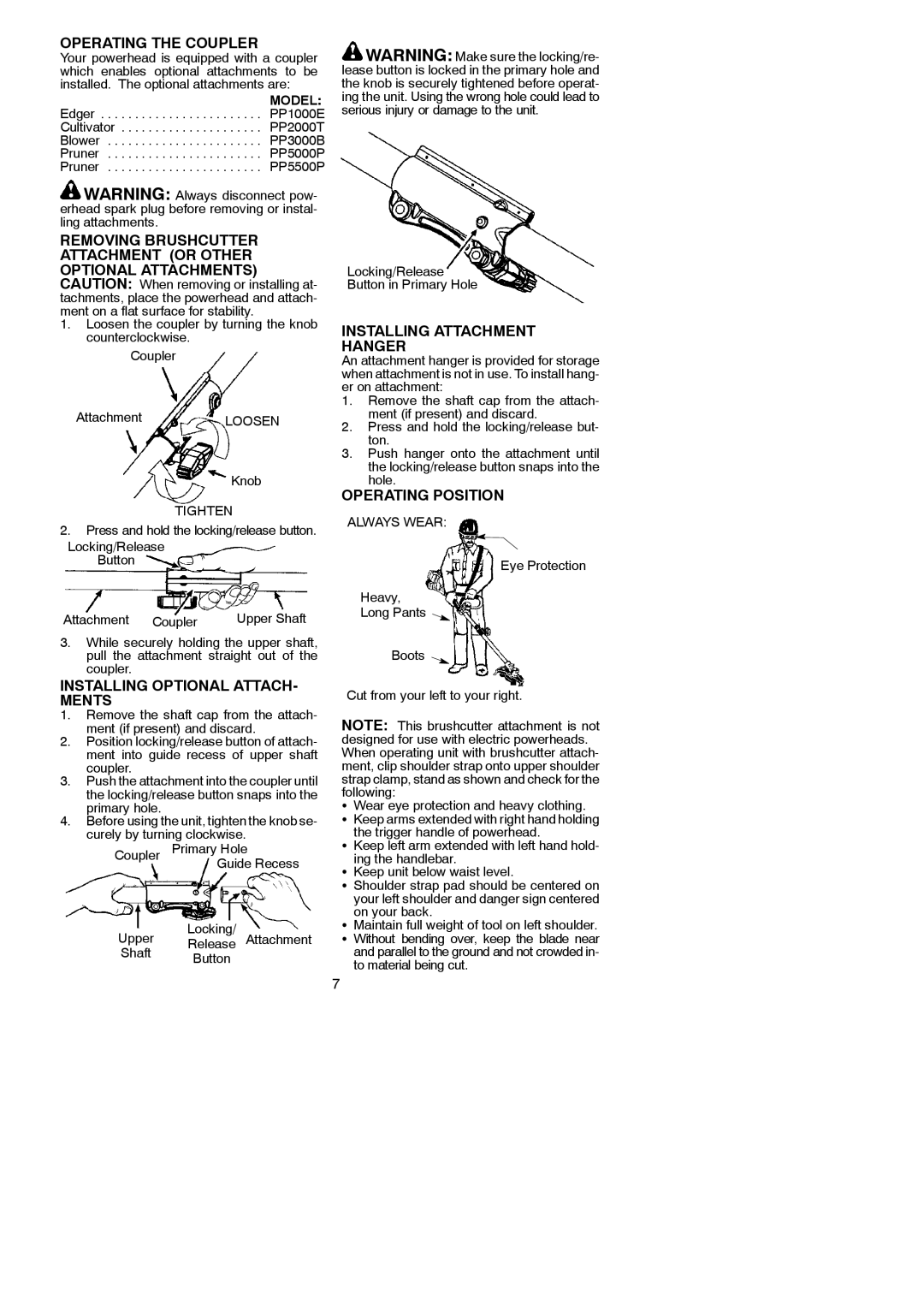 Poulan 545212831 Operating the Coupler, Removing Brushcutter Attachment or Other, Installing Optional ATTACH- Ments 