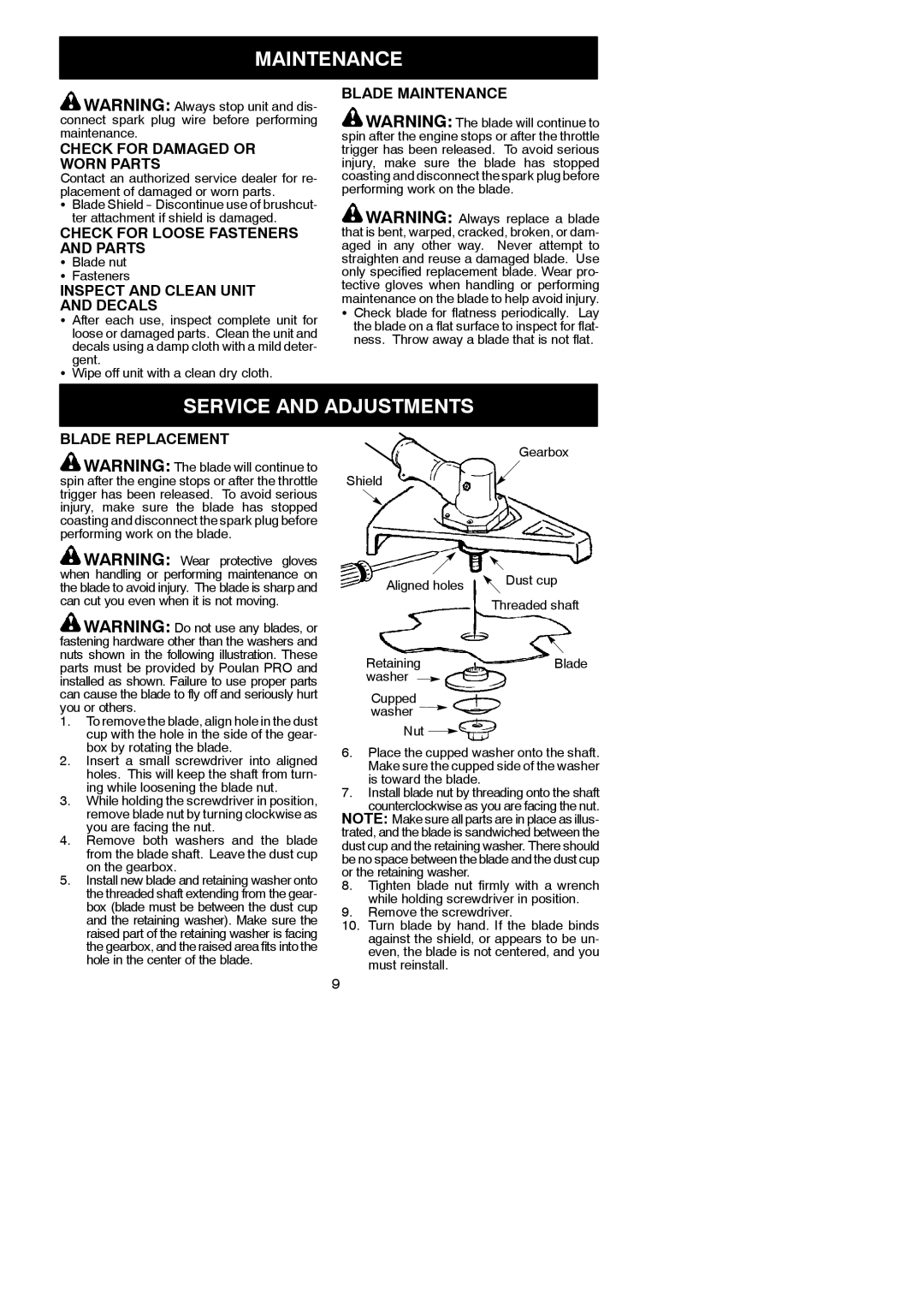 Poulan 545212831, 952711610 instruction manual Maintenance, Service and Adjustments 