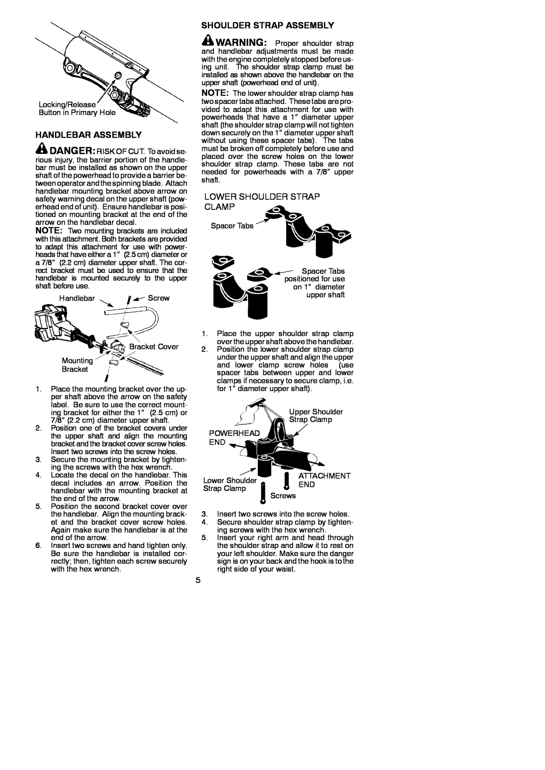Poulan 545212831, 952711610 instruction manual Handlebar Assembly, Shoulder Strap Assembly, Lower Shoulder Strap Clamp 