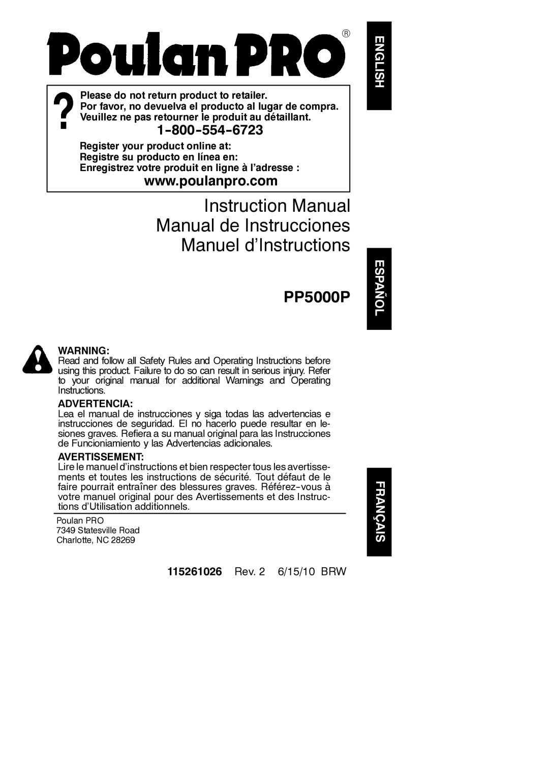 Poulan 115261026, 952711612 instruction manual Manual de Instrucciones Manuel d’Instructions 