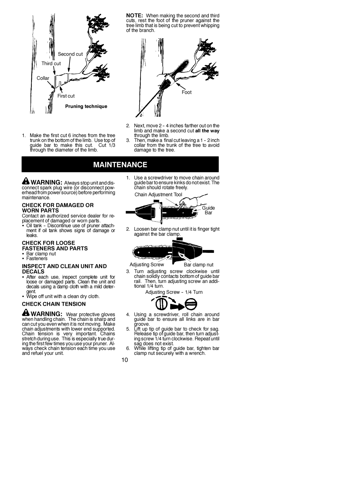 Poulan 952711612 Maintenance, Check for Damaged or Worn Parts, Check for Loose Fasteners and Parts, Check Chain Tension 