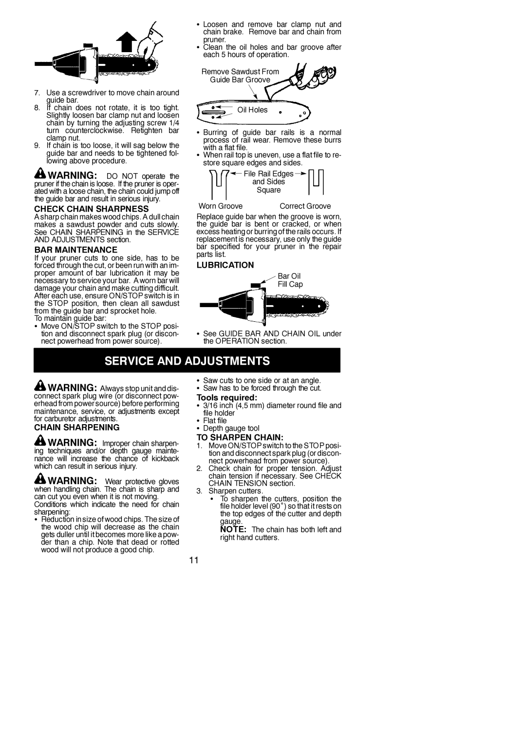 Poulan 115261026, 952711612 instruction manual Service and Adjustments 