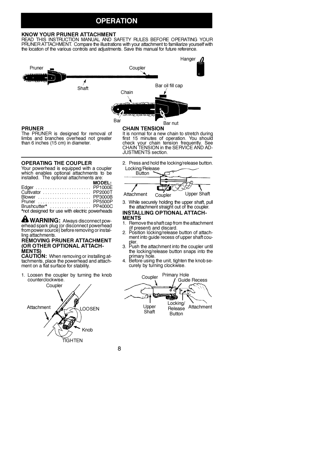 Poulan 952711612, 115261026 instruction manual Operation 