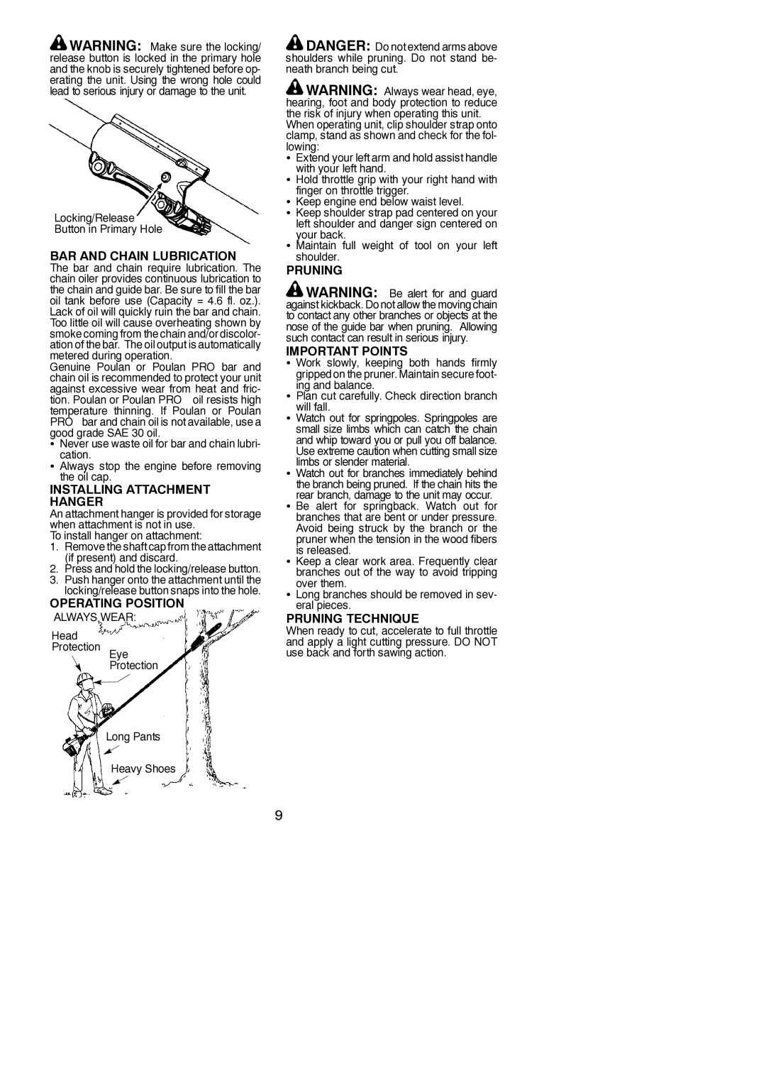 Poulan 115261026 BAR and Chain Lubrication, Installing Attachment Hanger, Operating Position, Pruning Important Points 