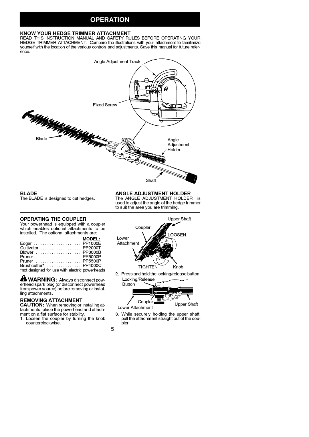 Poulan PP6000H Operation, Know Your Hedge Trimmer Attachment, Blade Angle Adjustment Holder, Operating the Coupler 