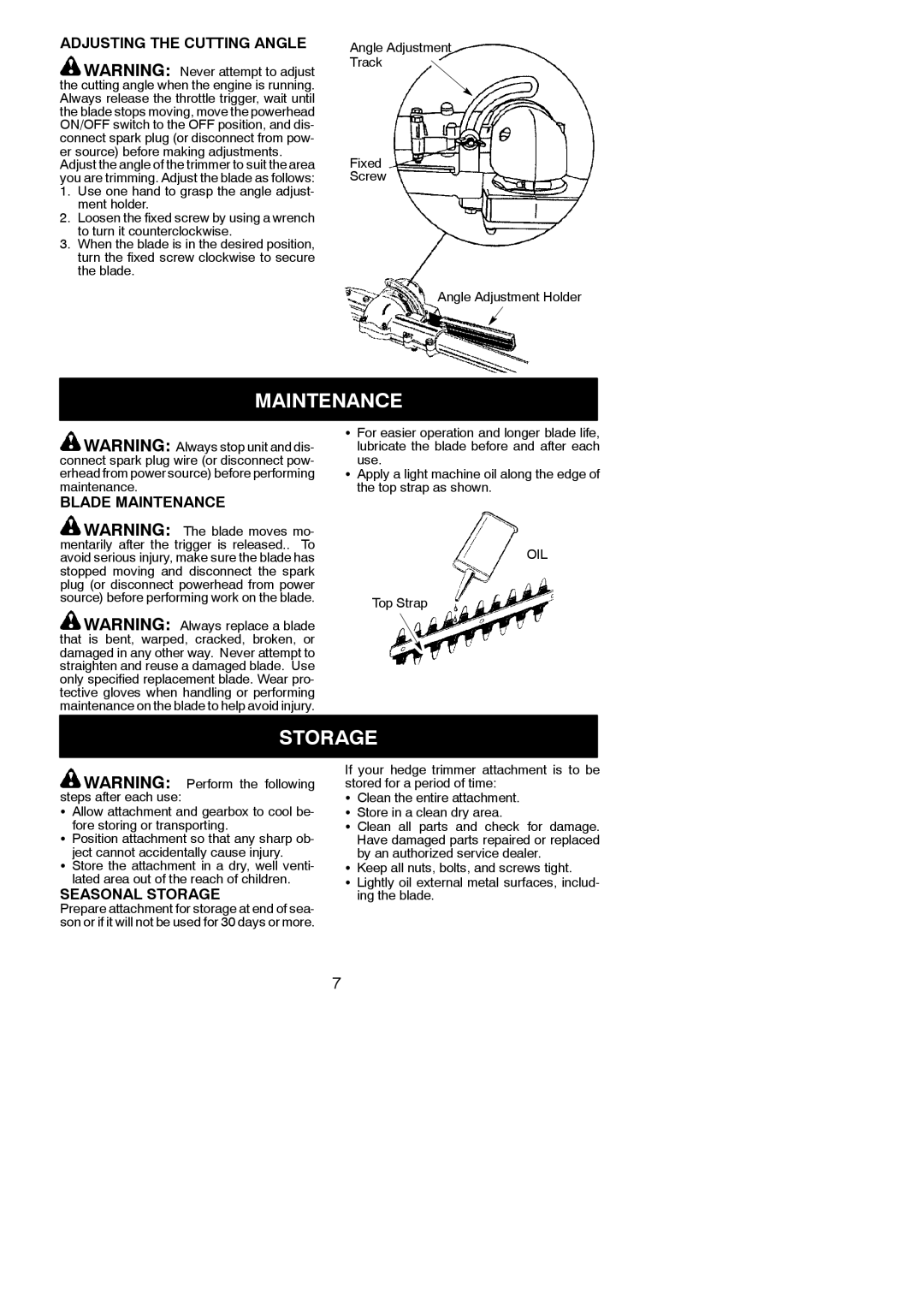 Poulan 545186848, 952711674, PP6000H Adjusting the Cutting Angle, Blade Maintenance, Seasonal Storage, Top Strap 