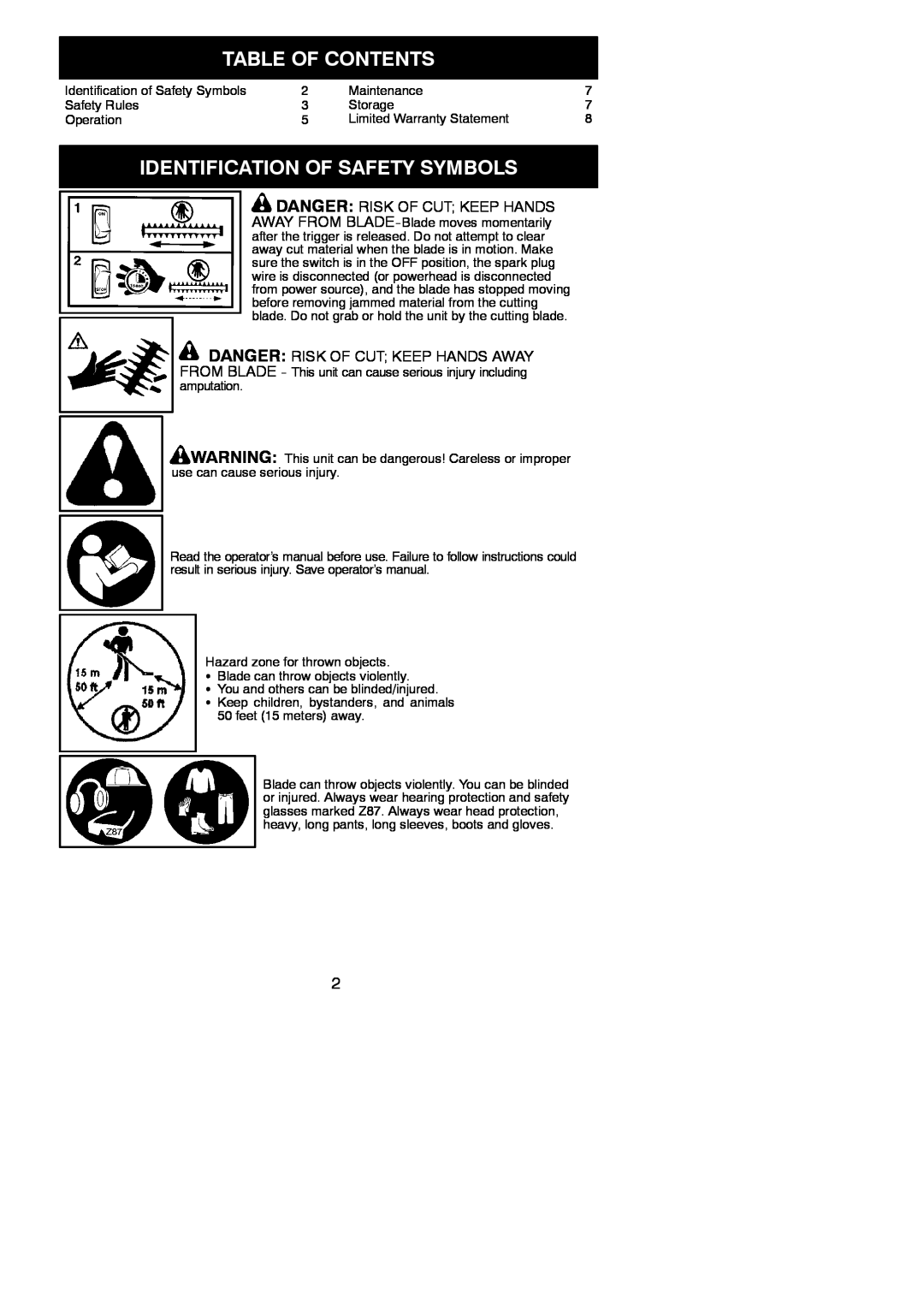 Poulan PP6000H, 952711674, 545186848 Table Of Contents, Identification Of Safety Symbols, Danger Risk Of Cut Keep Hands 