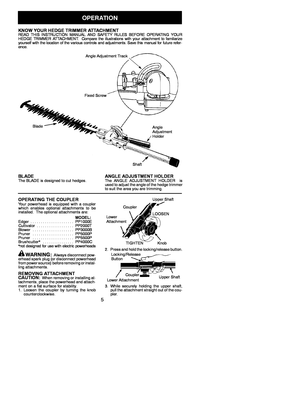 Poulan PP6000H Operation, Know Your Hedge Trimmer Attachment, Blade, Angle Adjustment Holder, Operating The Coupler, Model 