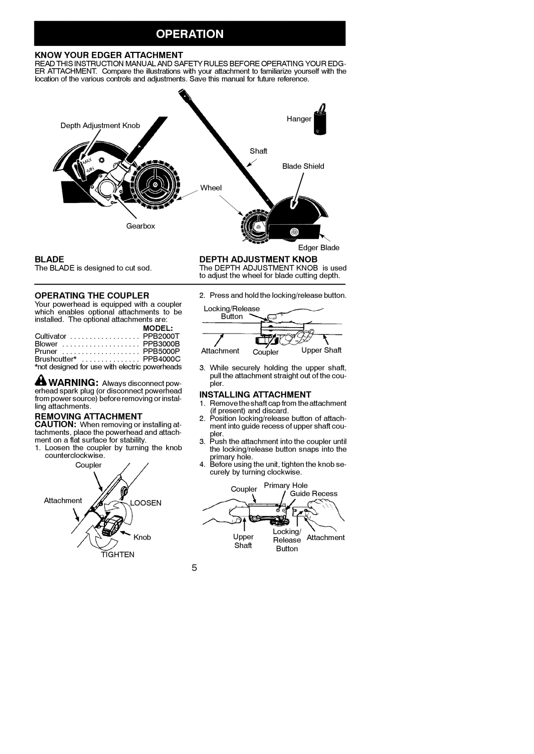 Poulan 545167665, 952711825 Operation, Know Your Edger Attachment, Blade Depth Adjustment Knob, Operating the Coupler 