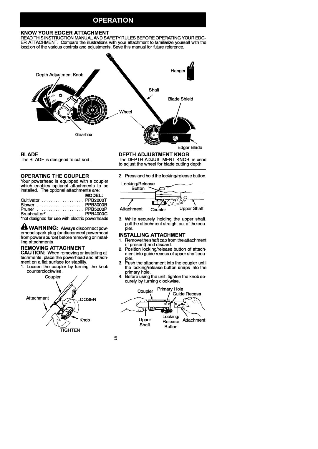 Poulan 545167665 Operation, Know Your Edger Attachment, Blade, Depth Adjustment Knob, Operating The Coupler, Model 