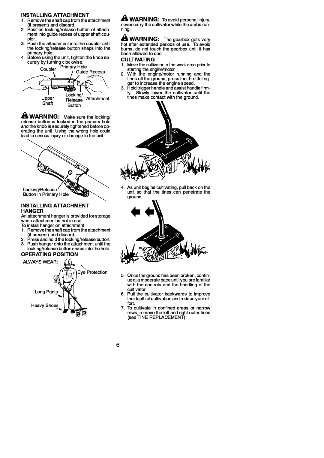 Poulan 952711826, 545212826 instruction manual Installing Attachment Hanger, Operating Position, Cultivating 