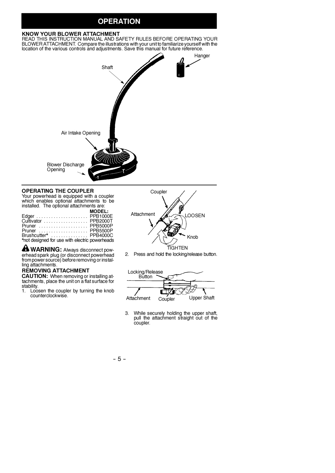 Poulan 545212828, 952711827 instruction manual Operation, Know Your Blower Attachment, Operating the Coupler, Tighten 