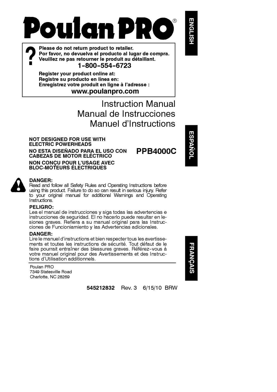 Poulan 545212832, 952711828 instruction manual Manual de Instrucciones Manuel d’Instructions 