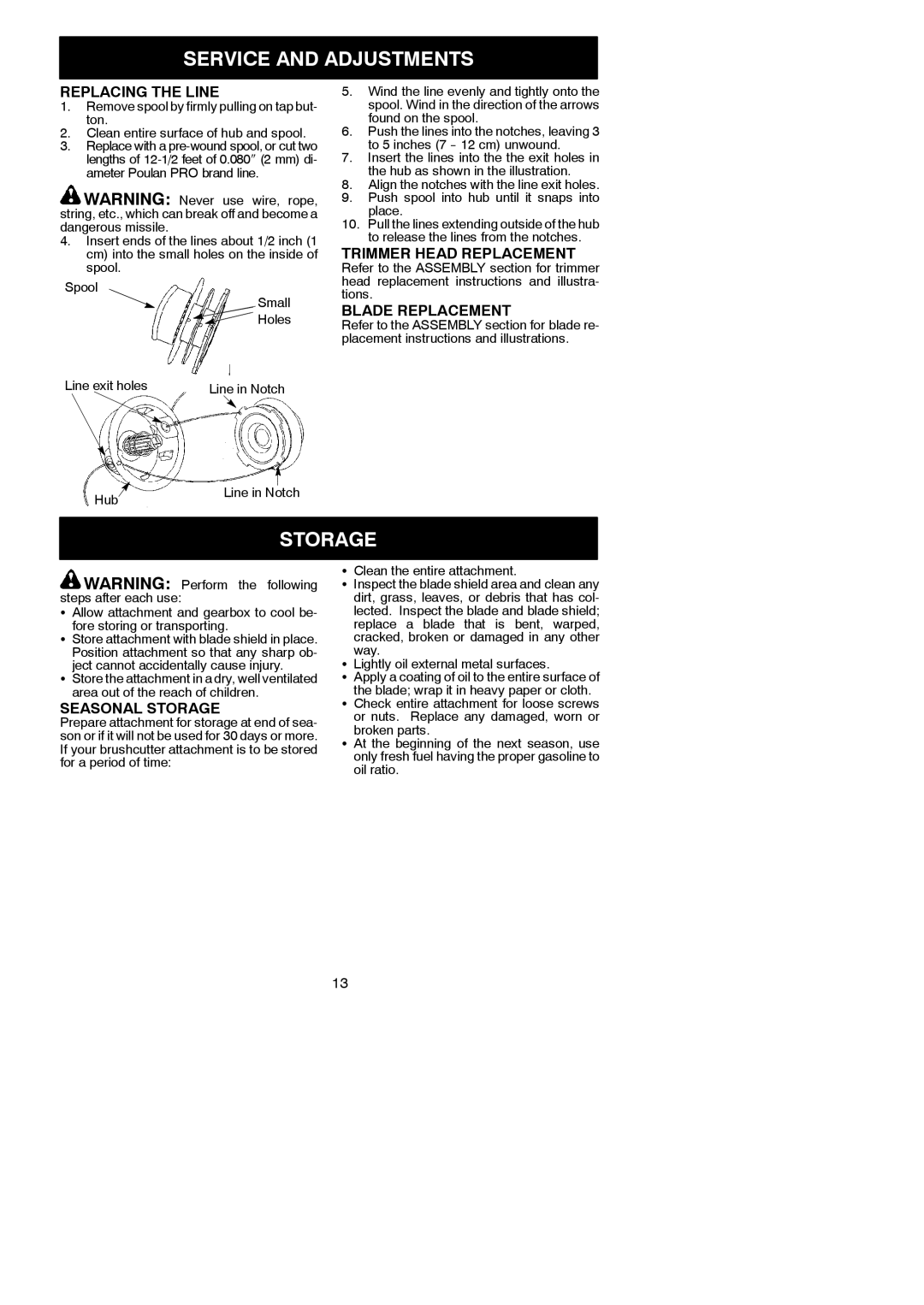 Poulan 545212832, 952711828 instruction manual Service and Adjustments, Storage 