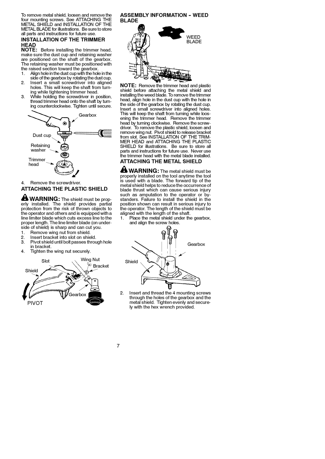 Poulan 545212832 Installation of the Trimmer Head, Attaching the Plastic Shield, Assembly Information Weed Blade 