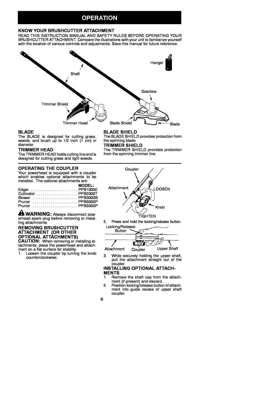Poulan 545212832 Operation, Know Your Brushcutter Attachment, Blade Shield, Trimmer Shield, Trimmer Head, Ments 