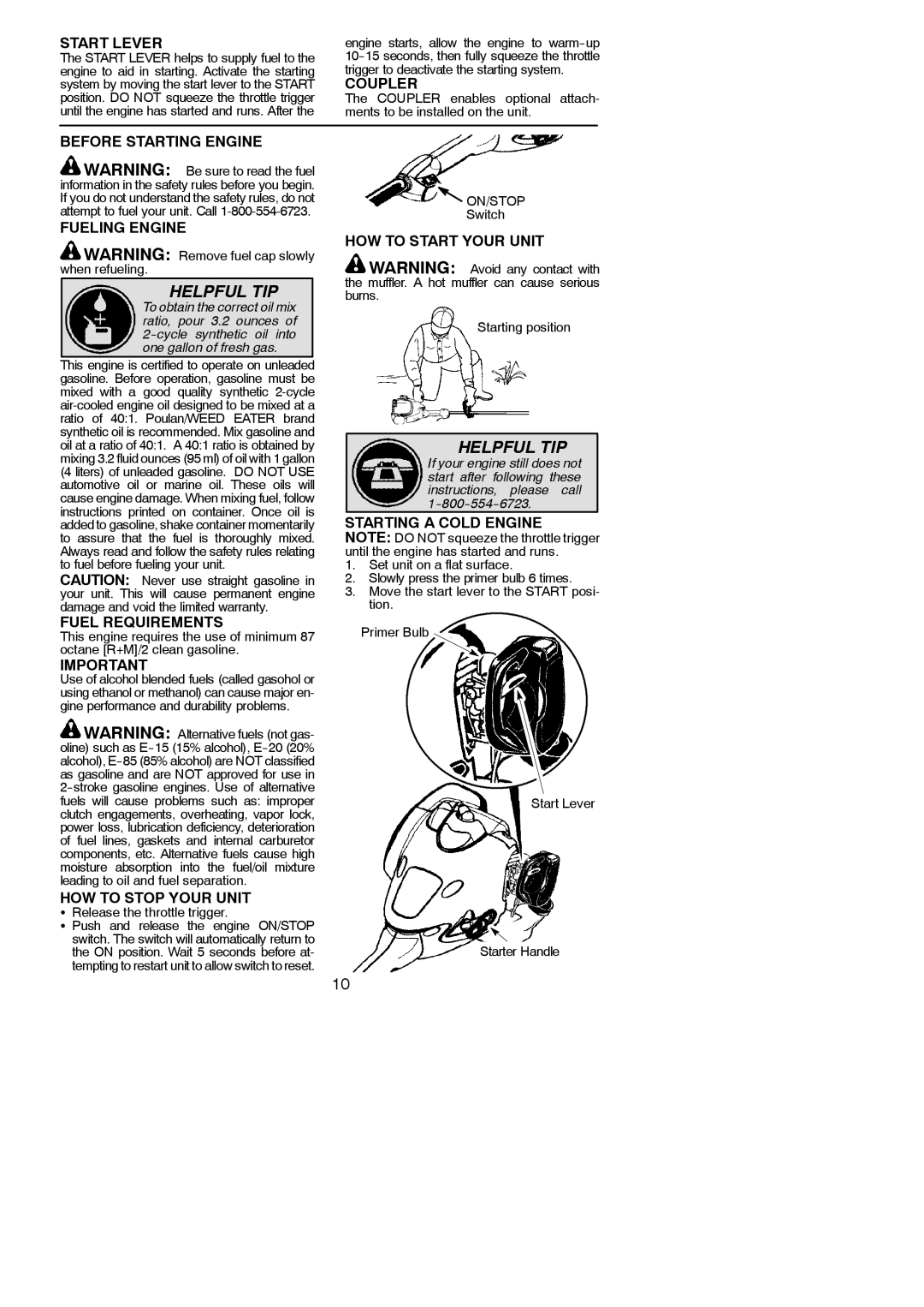 Poulan 952711878 Start Lever, Coupler, Before Starting Engine Fueling Engine, Fuel Requirements, HOW to Stop Your Unit 