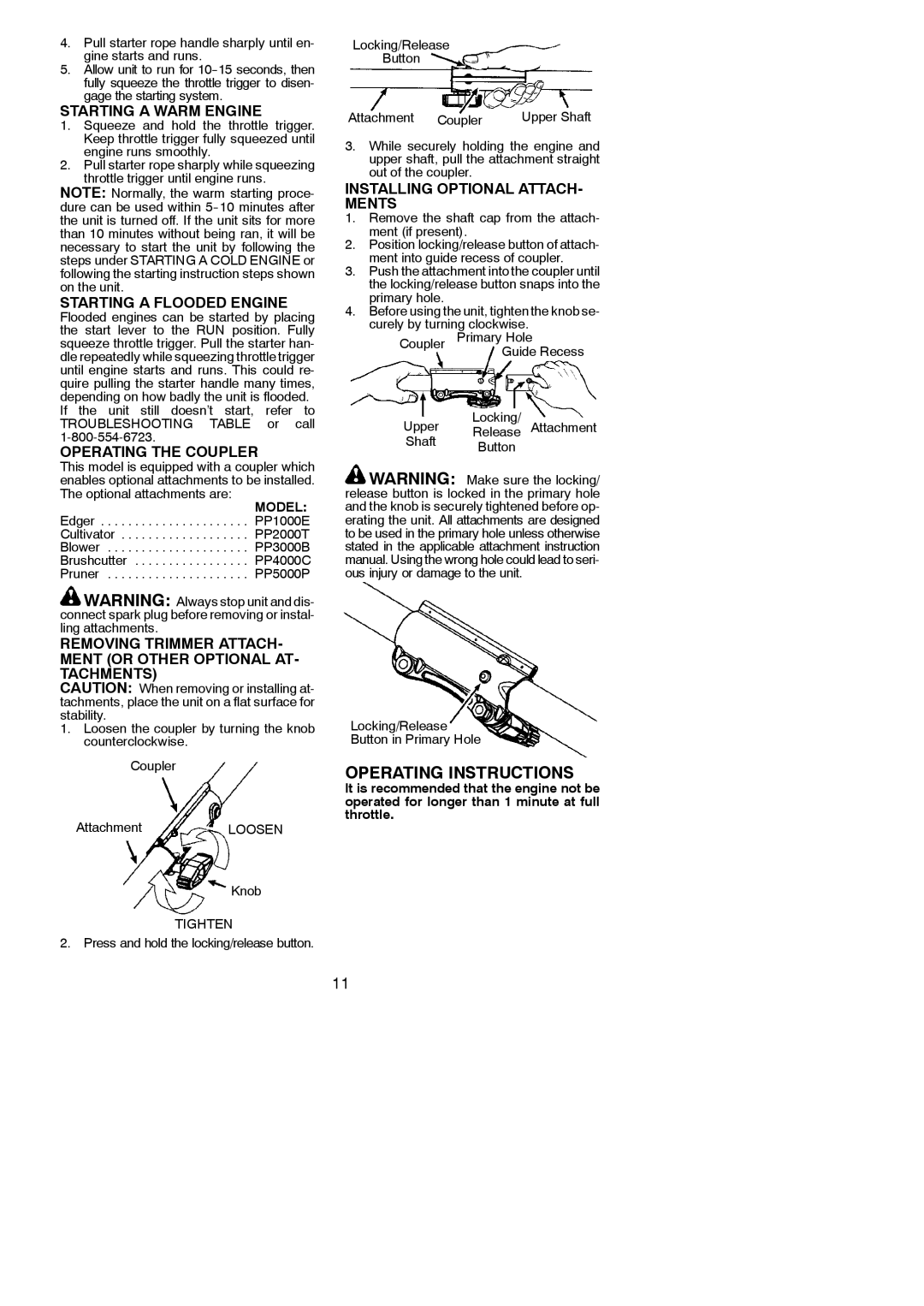 Poulan 115270226, 952711878 instruction manual Starting a Warm Engine, Starting a Flooded Engine, Operating the Coupler 