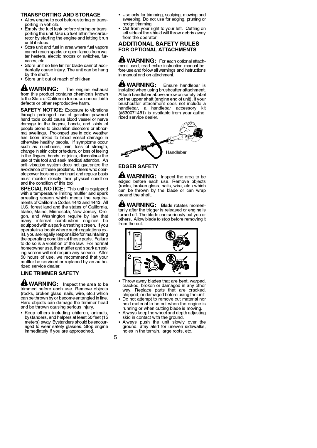 Poulan 115270226, 952711878 Transporting and Storage, Line Trimmer Safety, For Optional Attachments, Edger Safety 