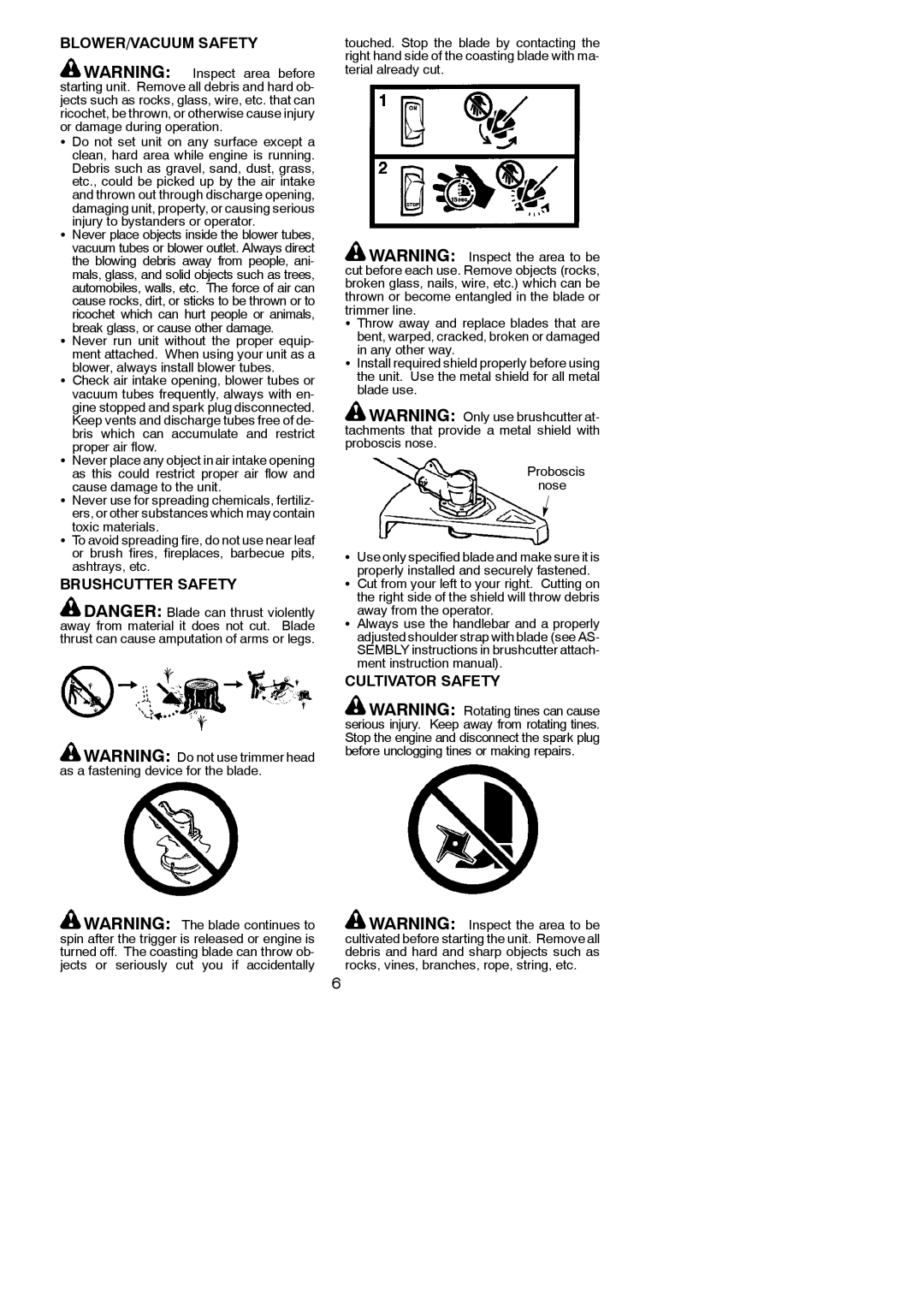 Poulan 952711878, 115270226 instruction manual BLOWER/VACUUM Safety, Brushcutter Safety, Cultivator Safety 