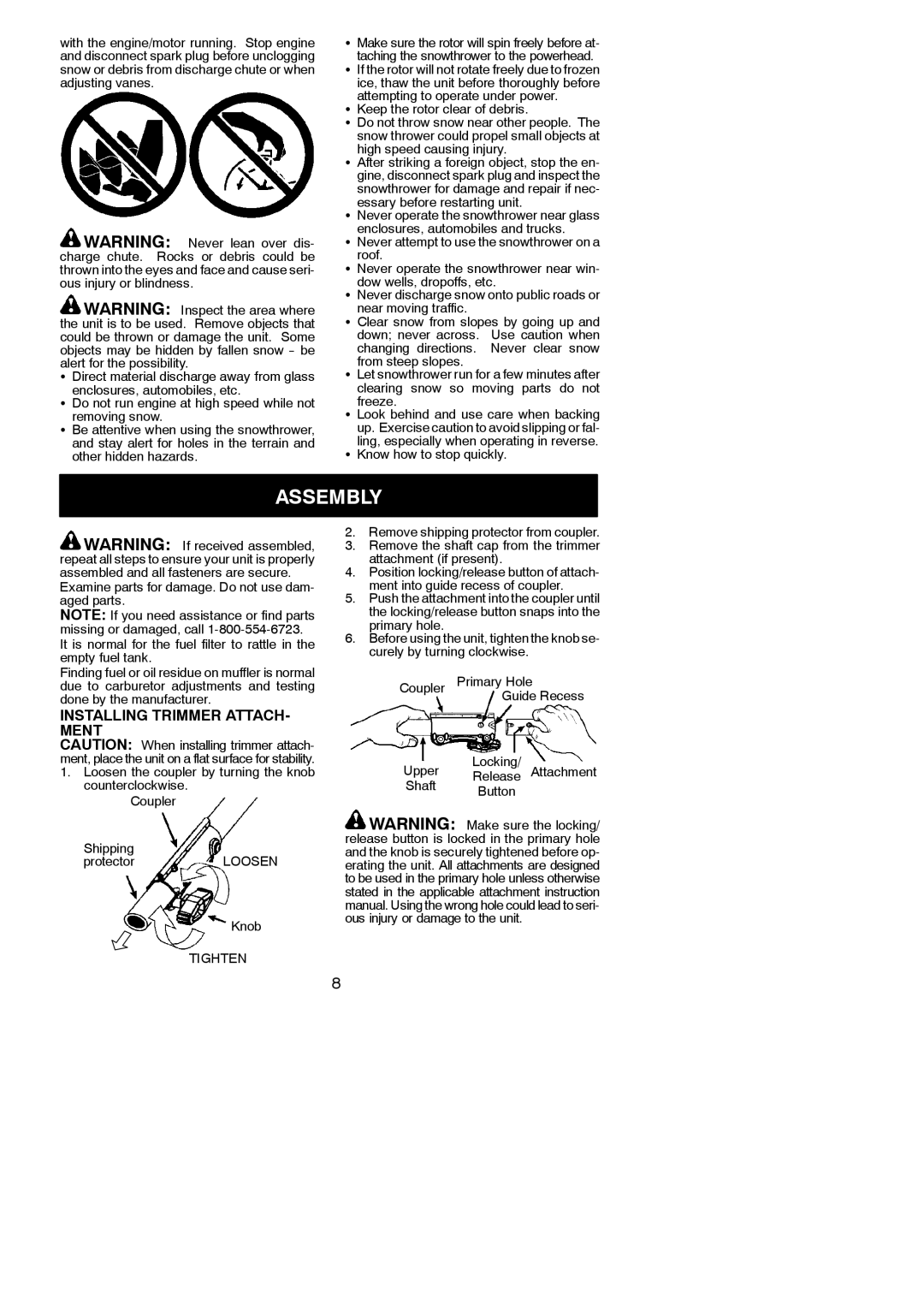 Poulan 952711878, 115270226 Assembly, Installing Trimmer ATTACH- Ment, From steep slopes, Freeze, Know how to stop quickly 