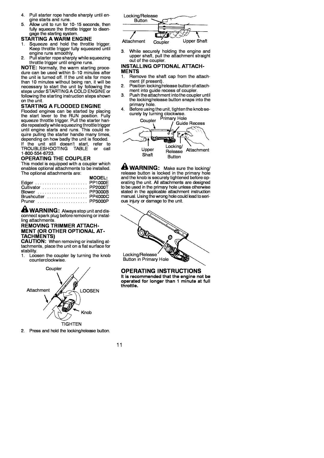 Poulan 115270226 Operating Instructions, Starting A Warm Engine, Starting A Flooded Engine, Operating The Coupler, Model 