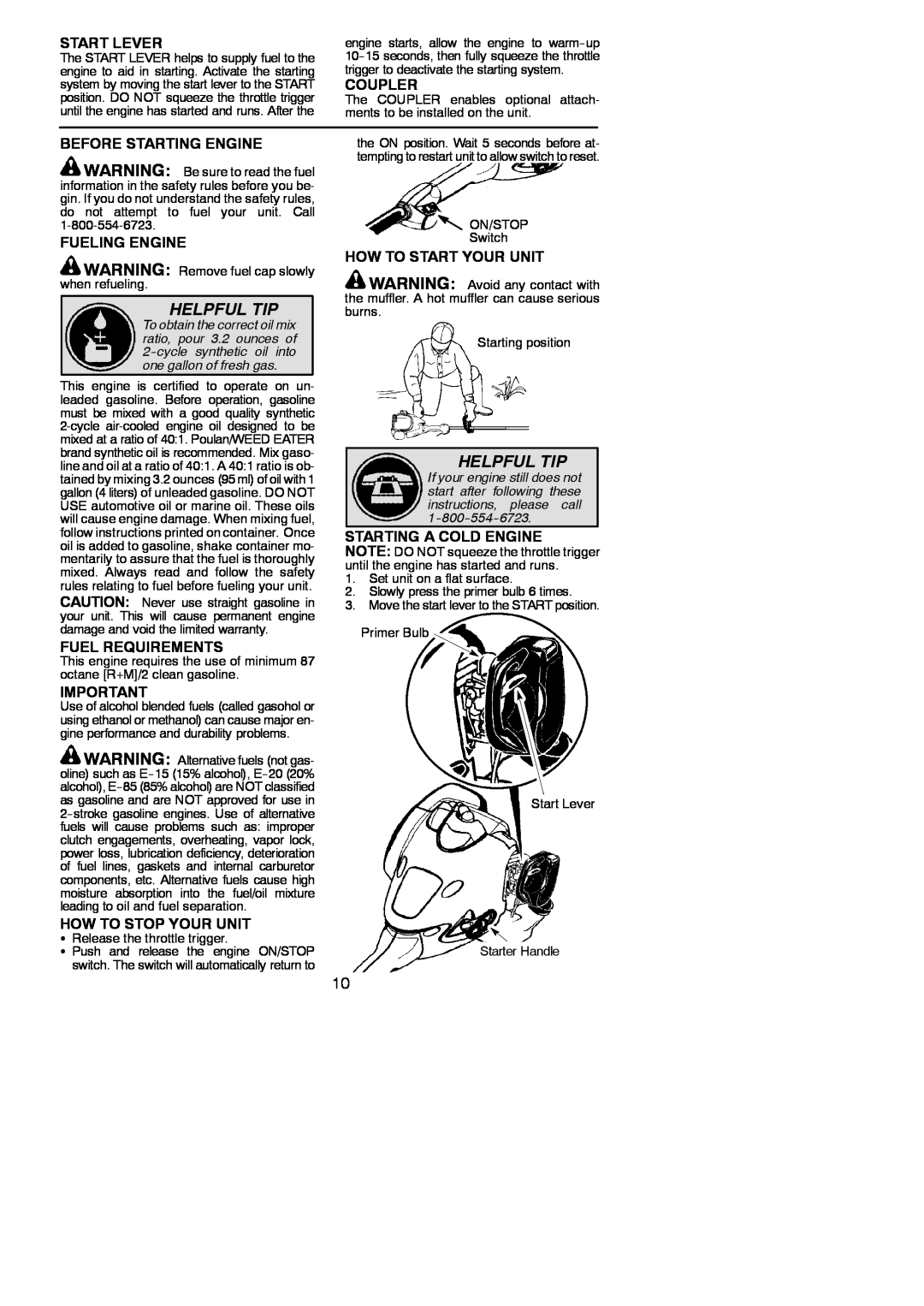 Poulan 952711879 Helpful Tip, Start Lever, Coupler, Before Starting Engine, Fueling Engine, How To Start Your Unit, call 