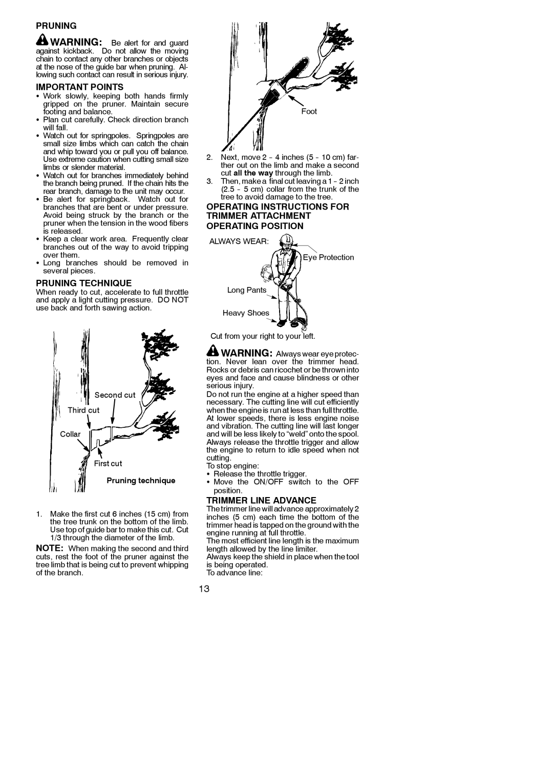 Poulan PP46ET, 952711882 instruction manual Pruning Important Points, Pruning Technique, Trimmer Line Advance 