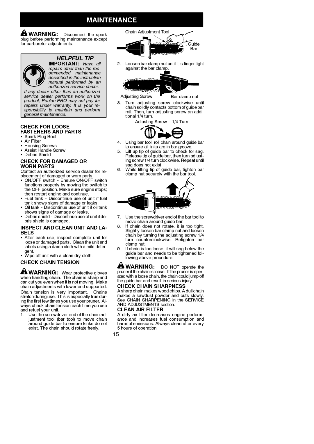 Poulan PP46ET, 952711882 instruction manual Maintenance 