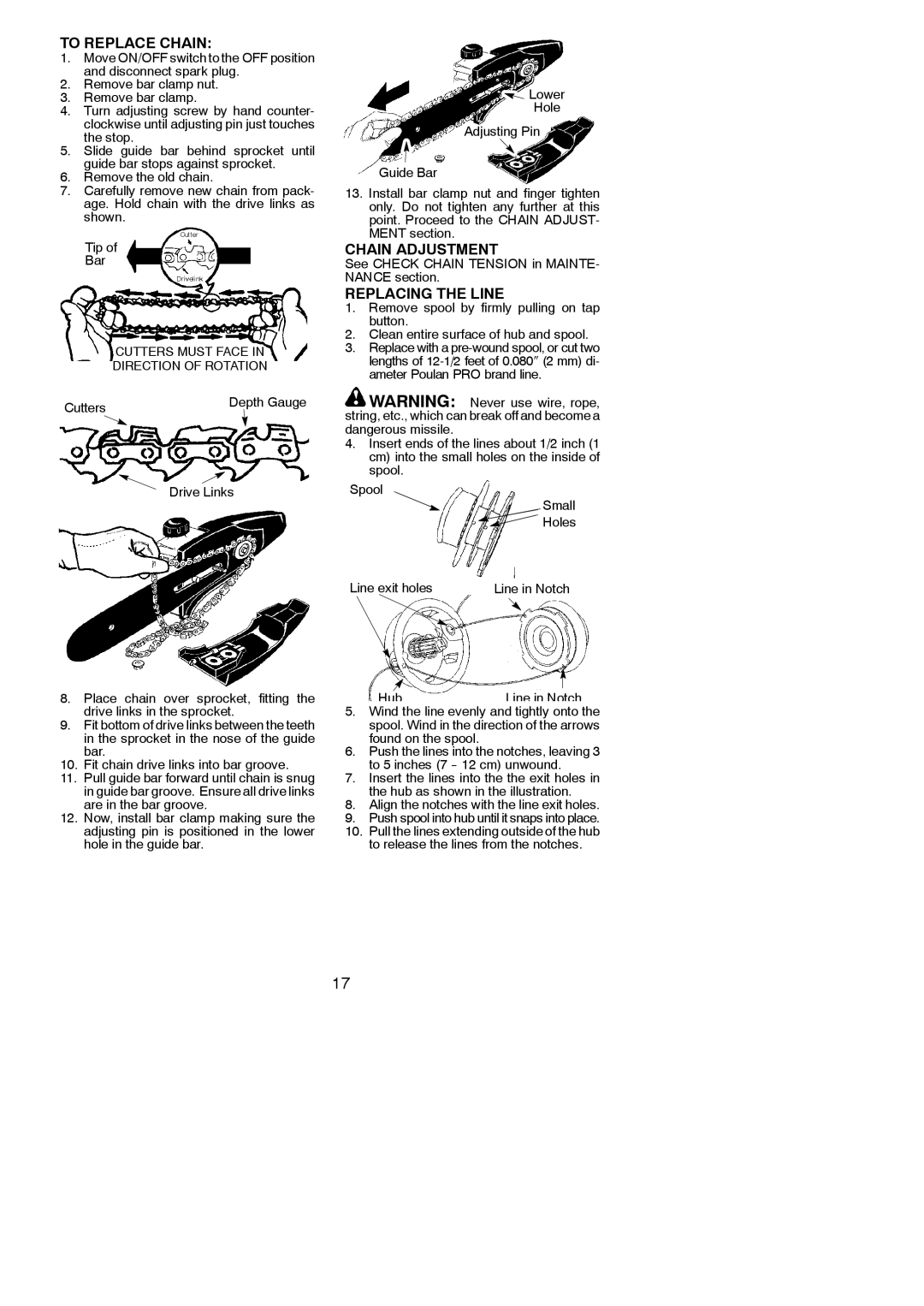 Poulan PP46ET, 952711882 instruction manual To Replace Chain, Chain Adjustment, Replacing the Line 