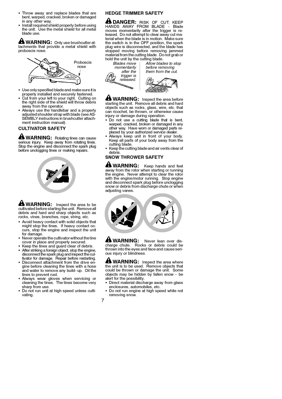 Poulan PP46ET, 952711882 instruction manual Cultivator Safety, Hedge Trimmer Safety, Snow Thrower Safety 