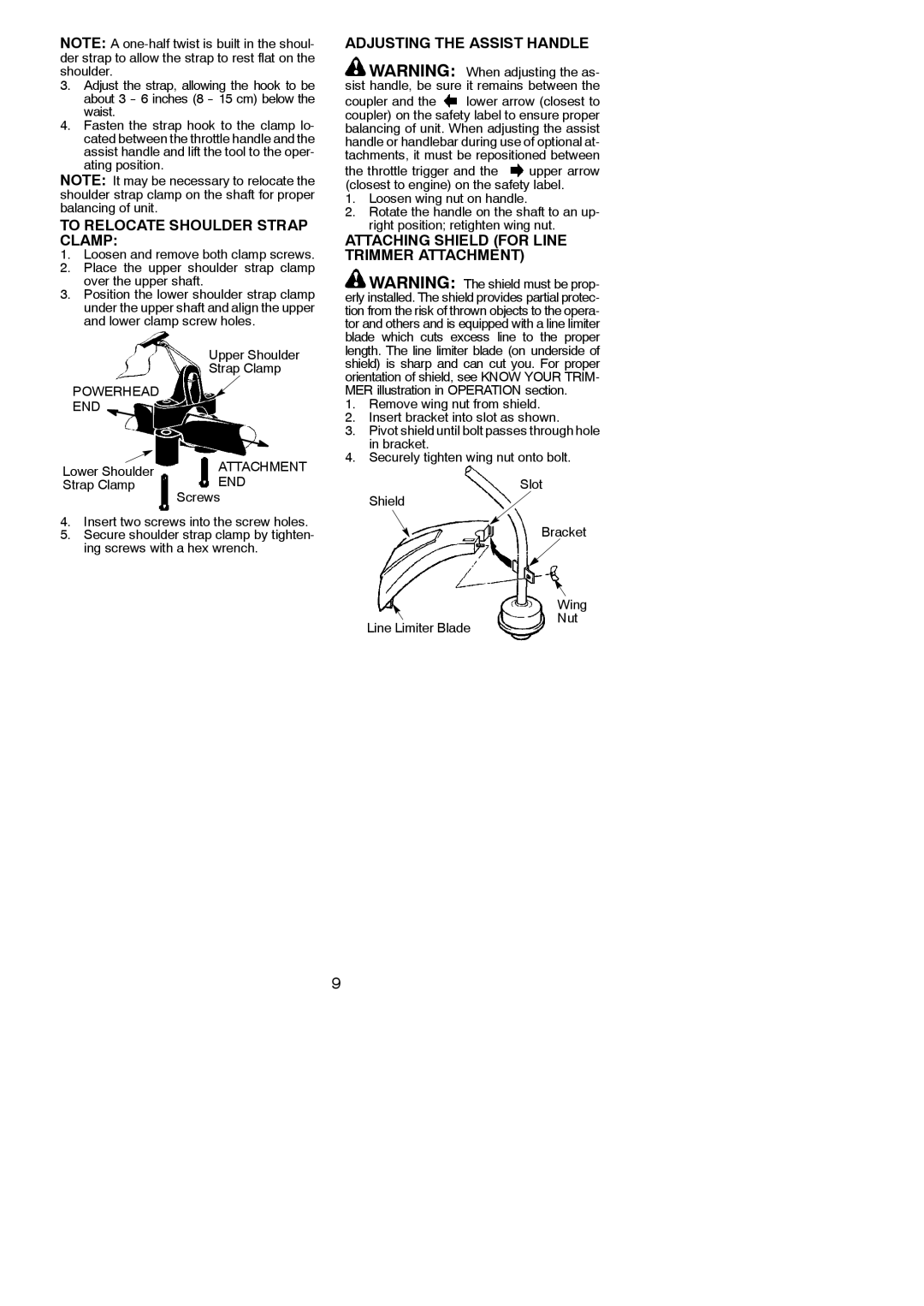 Poulan PP46ET To Relocate Shoulder Strap Clamp, Adjusting the Assist Handle, Attaching Shield for Line Trimmer Attachment 